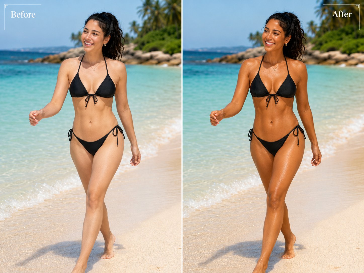 Before and after spray tan — walking on beach