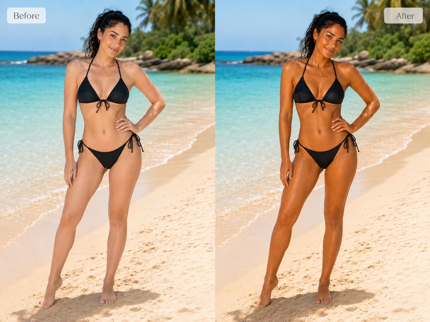 Before and after spray tan — hands on hips